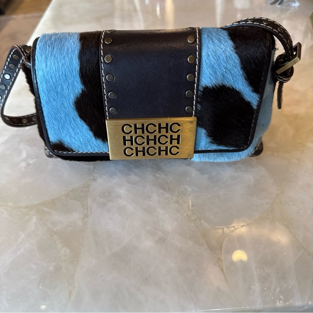 Carolina Herrera Black and Blue Ponyhair silver studded Crossbody Bag